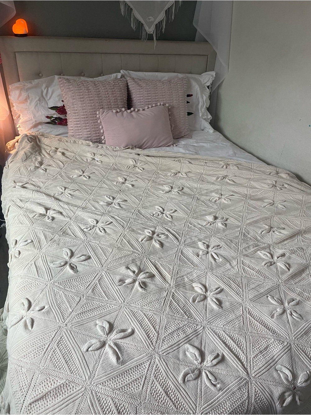 Textured Floral Knit Bedspread in Cream